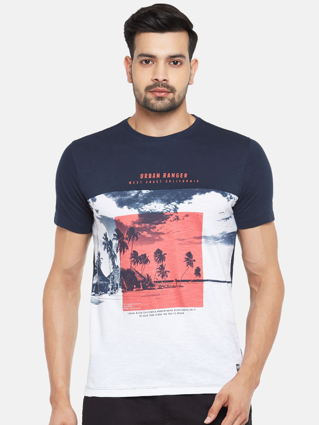 

Urban Ranger by pantaloons Men White Slim Fit Printed Round Neck Cotton Pure Cotton T-shirt