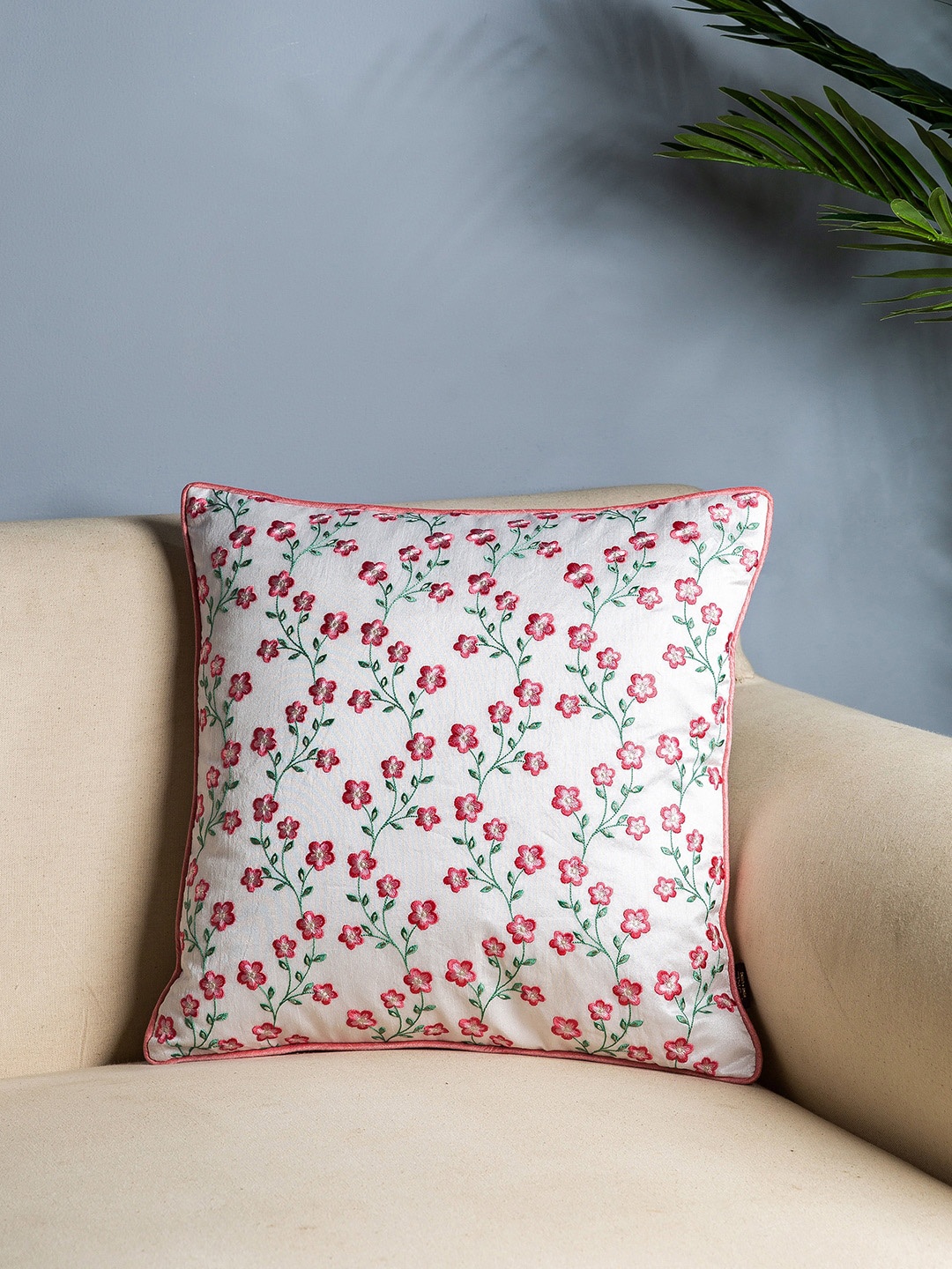 

Pure Home and Living Off-White & Green Set of Single Floral Square Cushion Covers