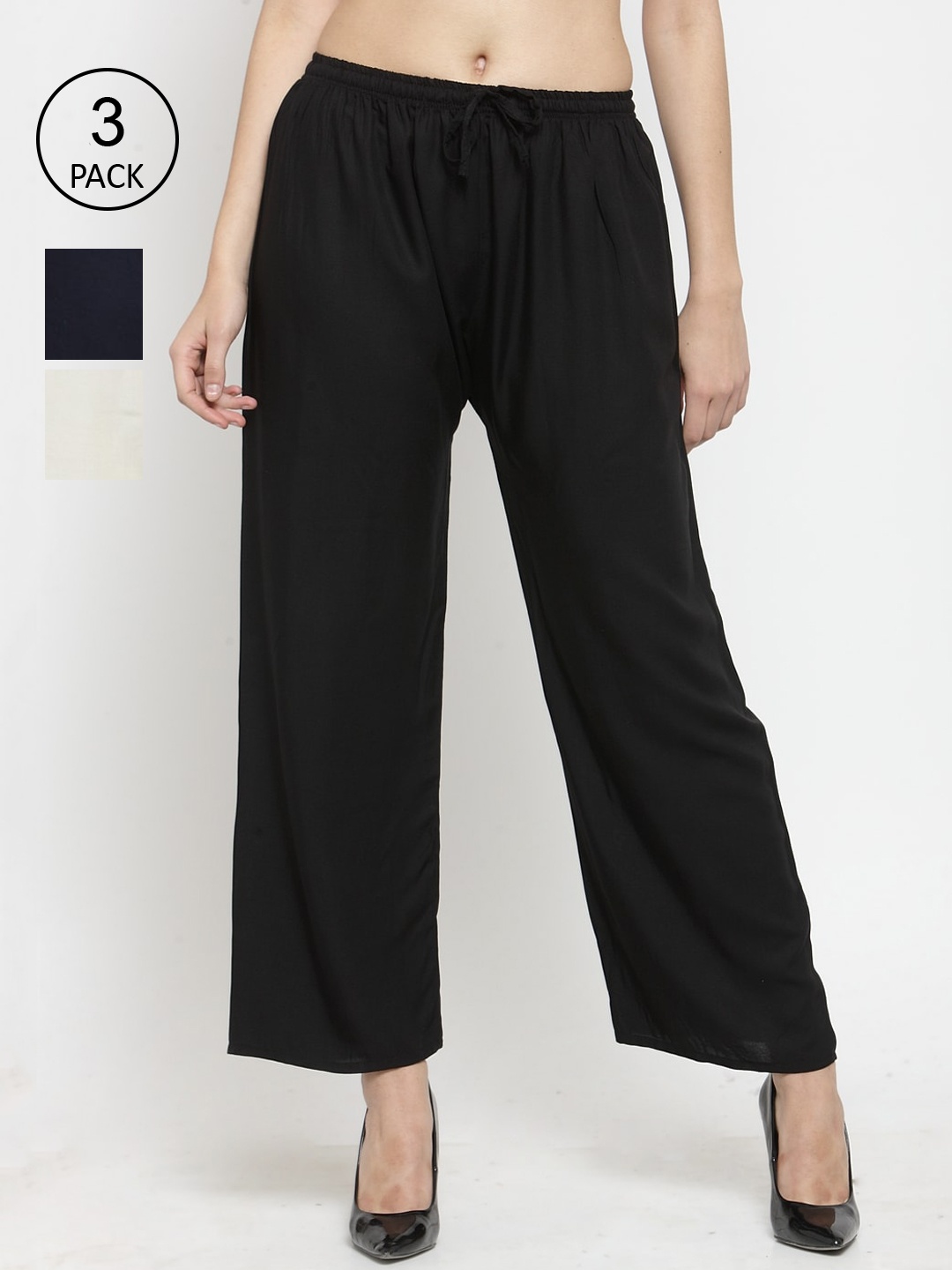 

Clora Creation Women Pack Of 3 Multicoloured Solid Wide Leg Palazzos, Black