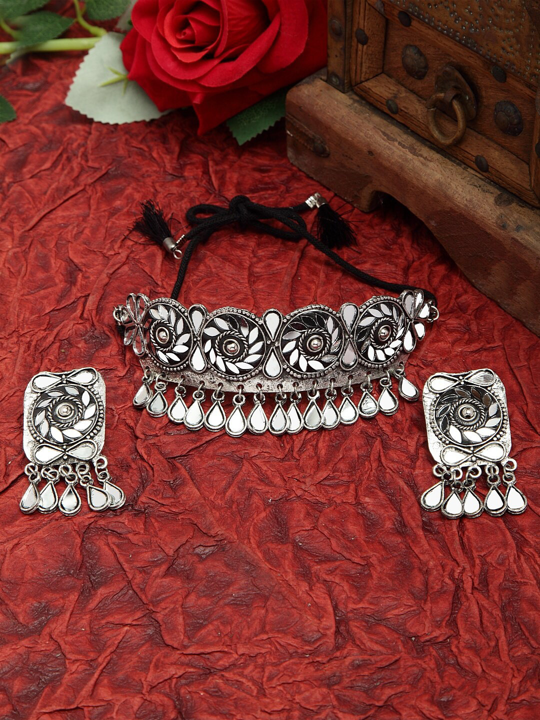 

Moedbuille Mirrors and Crystals Studded Oxidised Silver Plated Handcrafted Tasselled Jewelry Set