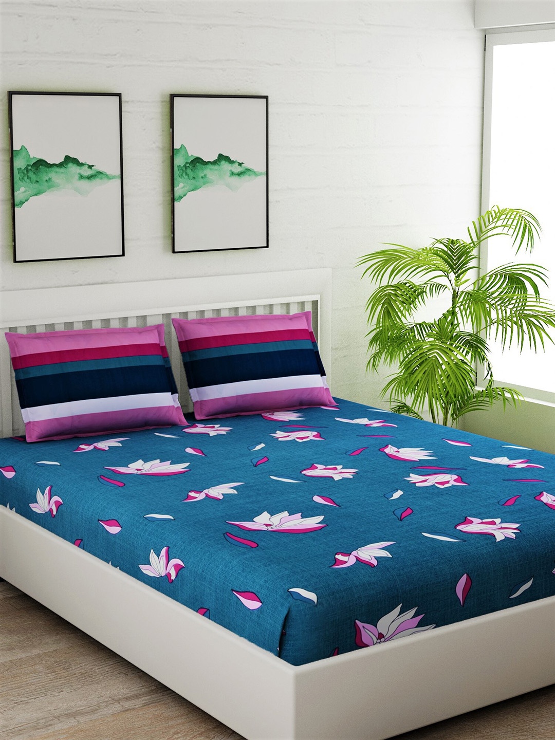 

Salona Bichona Teal & Pink Floral 144 TC Polyester 1 Queen Bedsheet with 2 Pillow Covers