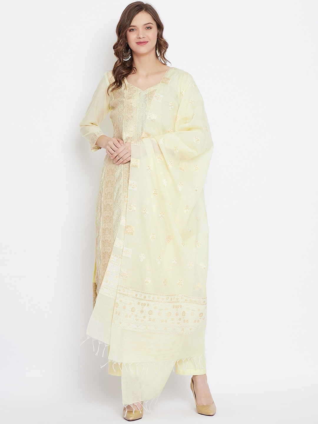 

Safaa Cream-Coloured & Gold-Toned Cotton Blend Woven Design Unstitched Dress Material For Summer