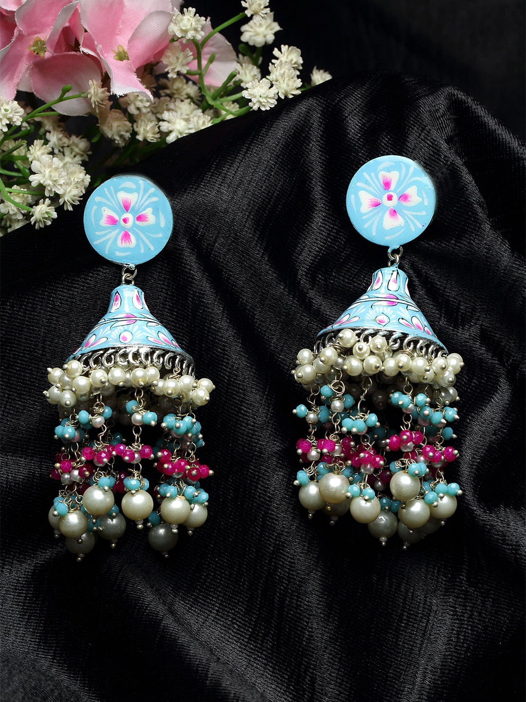 

Moedbuille Pearls and Beads Studded Handpainted Meenakari Silver Plated Handcrafted Brass Jhumkas, Turquoise blue