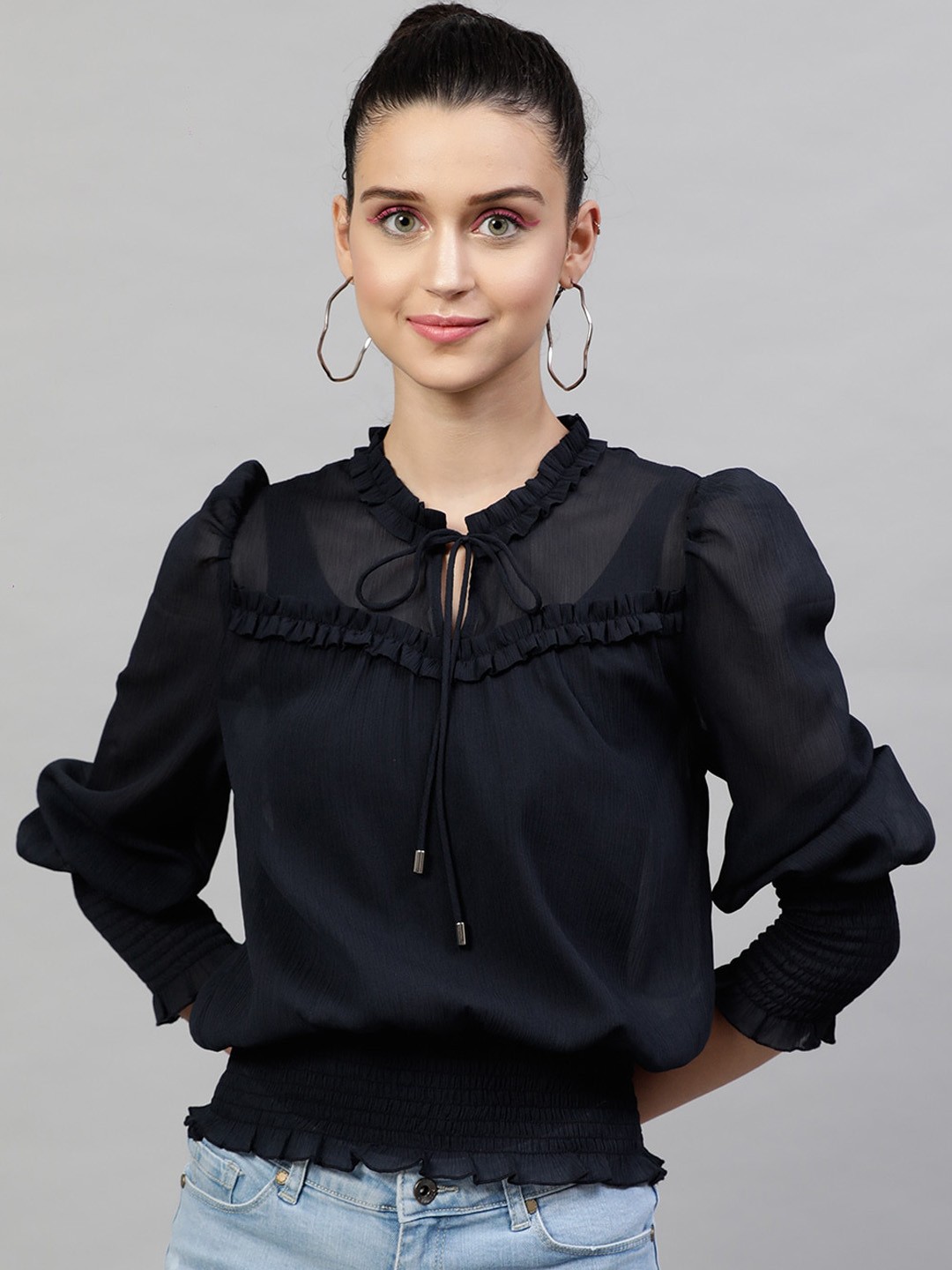 

Street 9 Navy Blue Tie-up Neck Chiffon Blouson Top