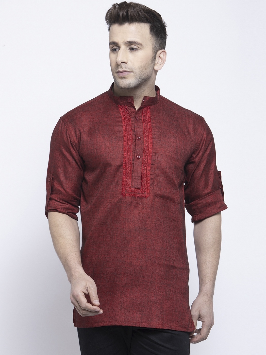 Klotthe Men Maroon Yoke Design Thread Work Kurta