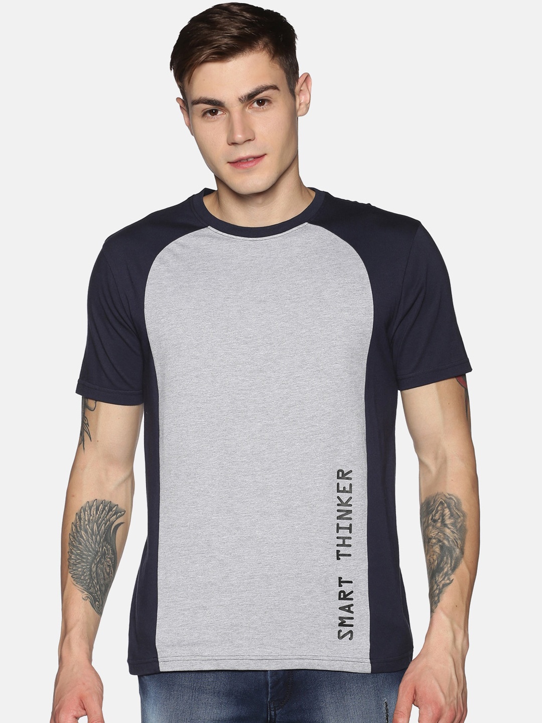 

UrGear Men Navy Blue & Grey Colorblocked Round Neck Tshirt