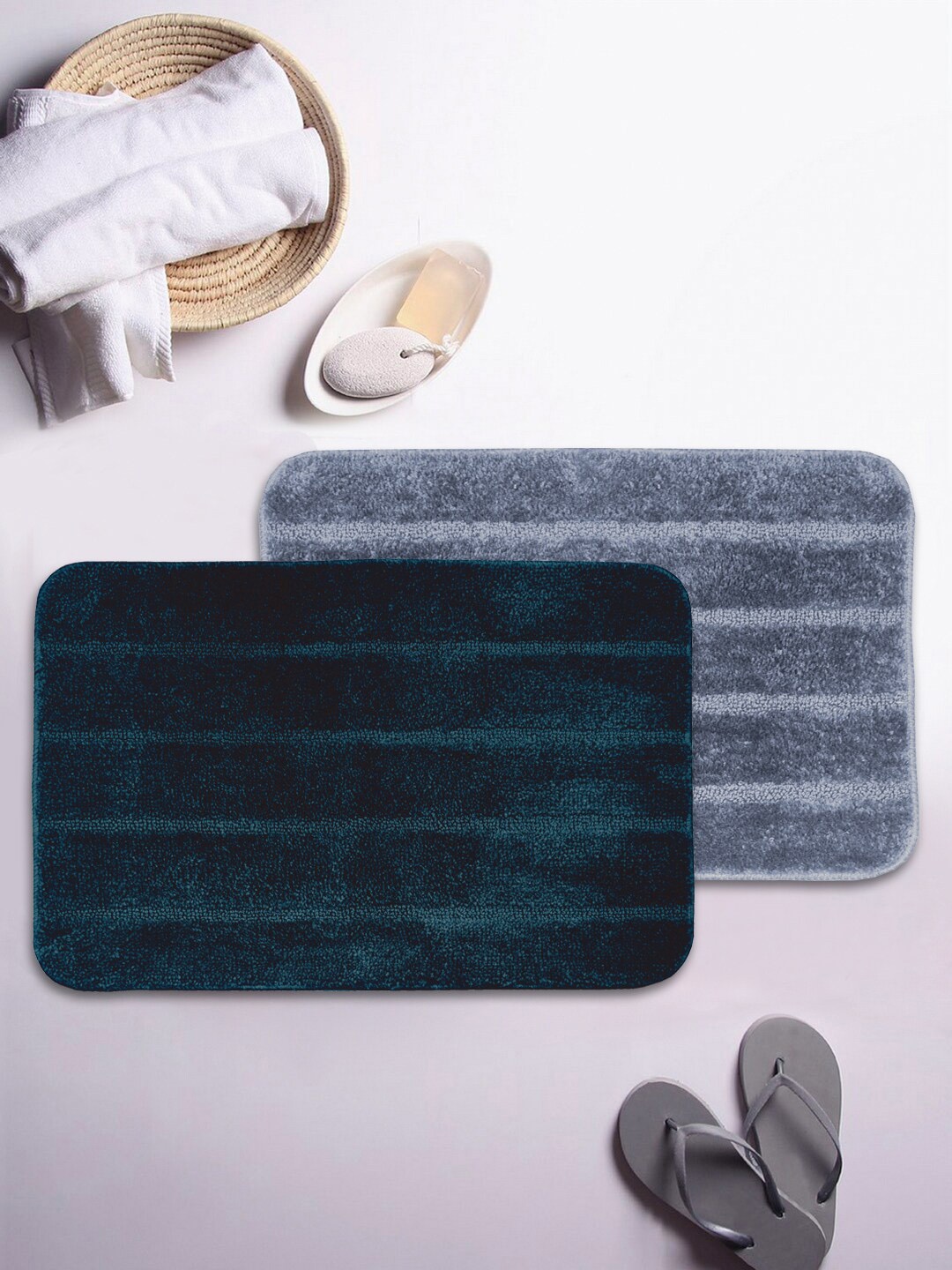 

BIANCA Set of 2 Striped 1850 GSM Anti-Skid Bath Rugs, Navy blue