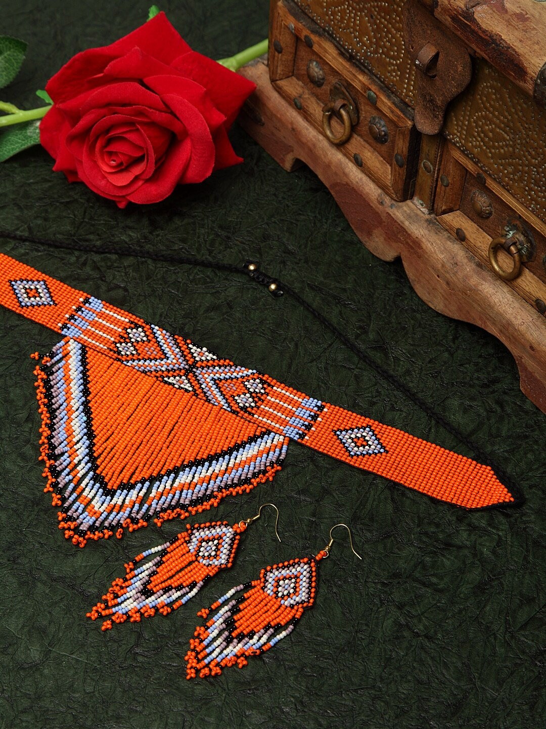 

Moedbuille Hand Woven Orange & Blue Beaded Tasselled Design Handcrafted Afghan Jewelry Set, Silver