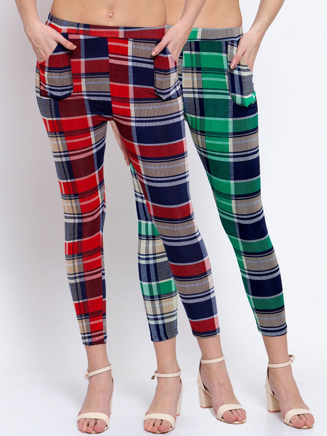 

KLOTTHE Women Pack Of 2 Checked Skinny-Fit Treggings, Green