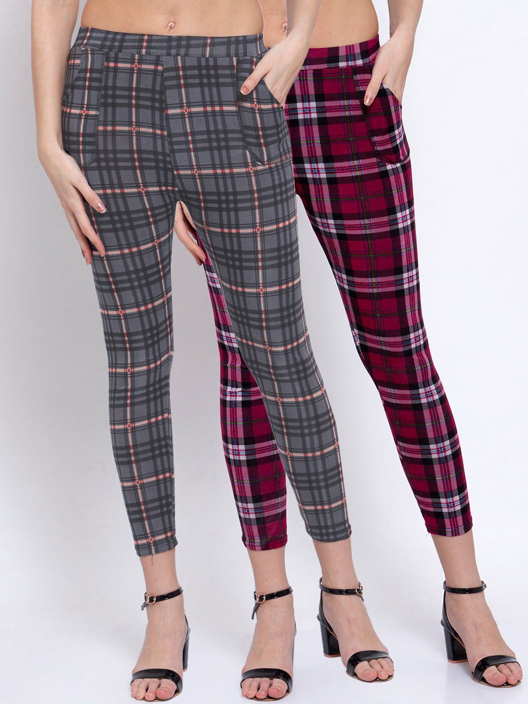 KLOTTHE Women Pack Of 2 Checked Skinny-Fit Treggings, Multi