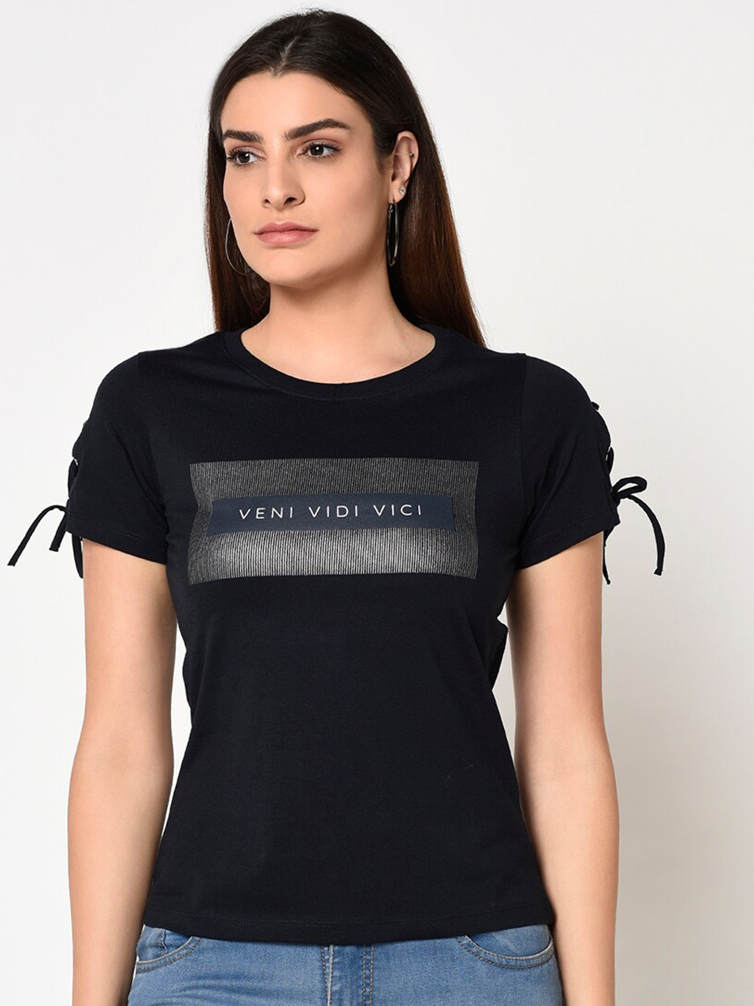 

METTLE Women Navy Blue Printed Round Neck T-shirt