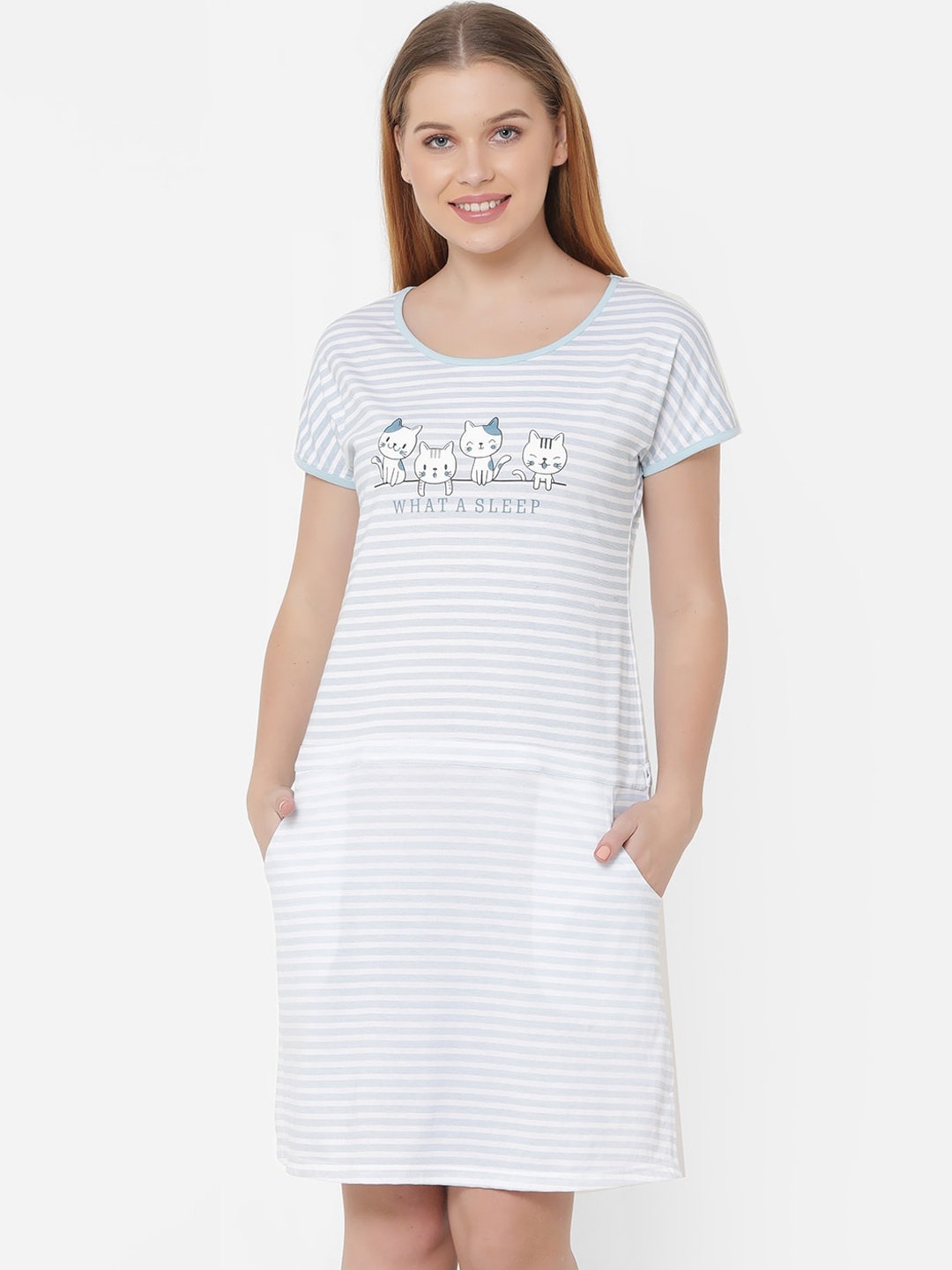 

Sweet Dreams White & Blue Striped Nightdress
