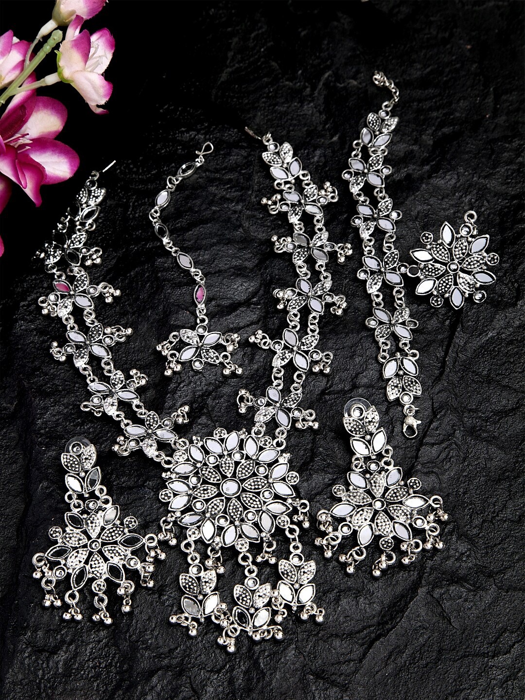 

Moedbuille Mirrors Studded Floral Design Oxidised Necklace Set with Bracelet, Ring & Maang Tikka, Silver