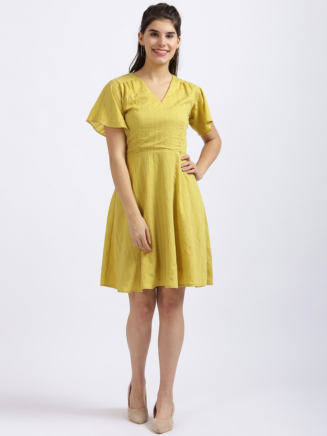 

Zink London Women Yellow Solid Fit and Flare Dress
