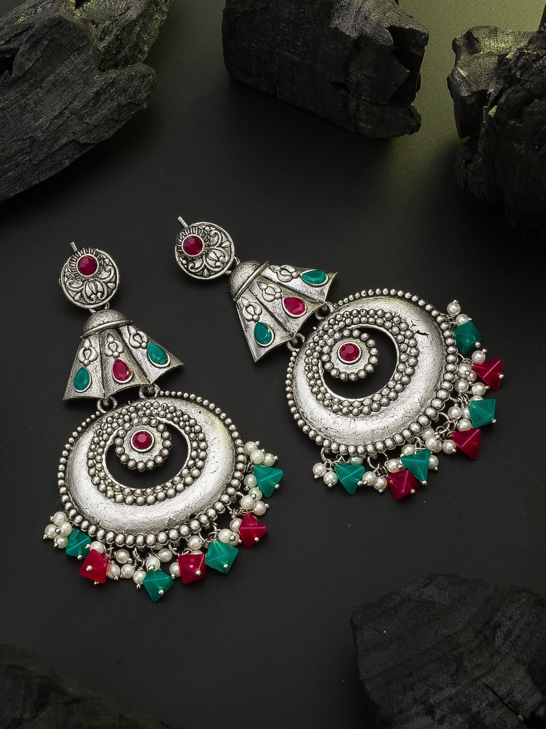 

aadita Silver-Plated & Pink Contemporary Drop Earrings