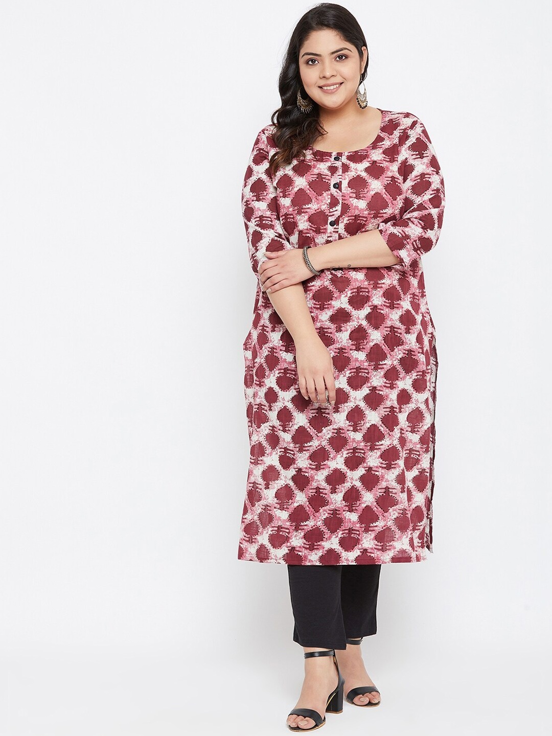 

Agroha Women Maroon & White Printed Plus Size Kurta