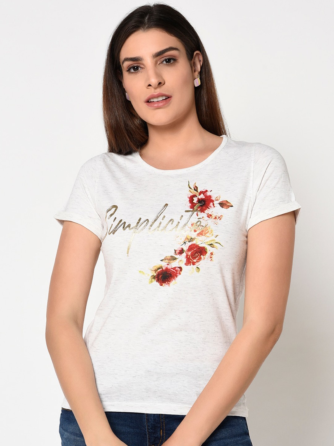 

METTLE Women Off-White Printed Round Neck T-shirt