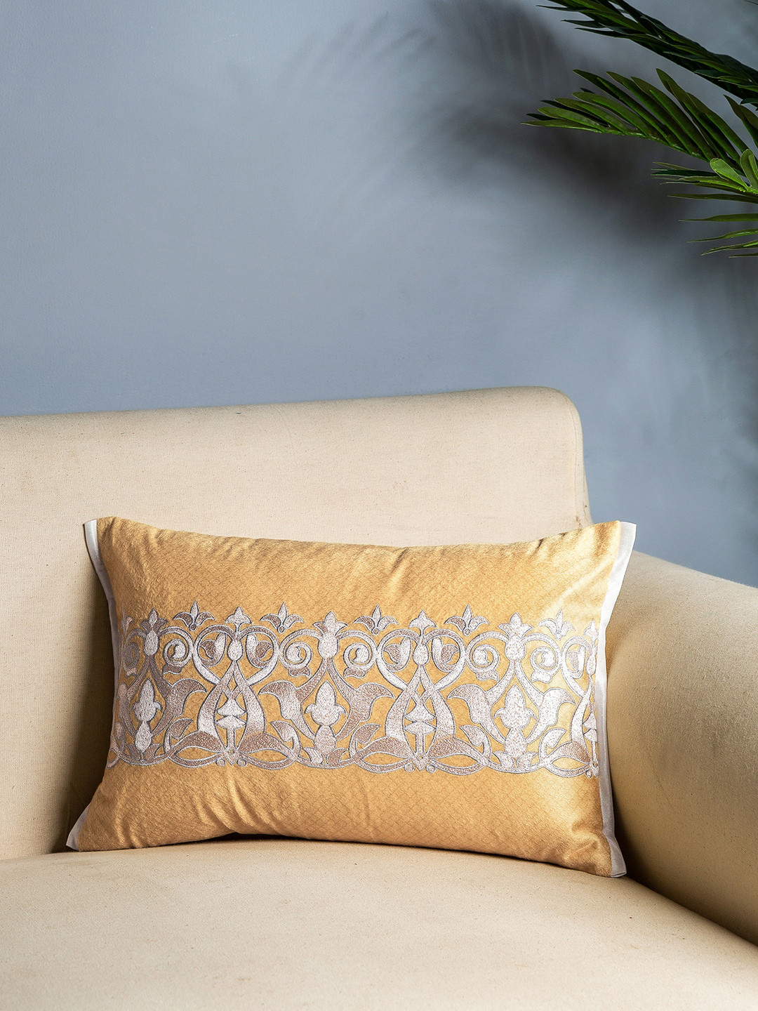 

Pure Home and Living Mustard & Silver-Toned Set of Single Embroidered Rectangle Cushion Covers