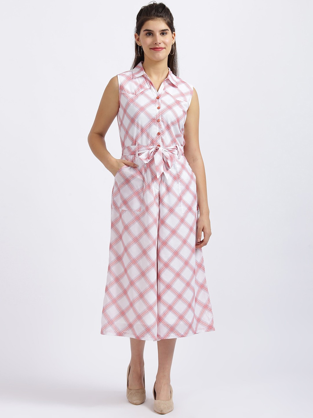 

Zink London Women White & Pink Checked Viscose Rayon Basic Jumpsuit
