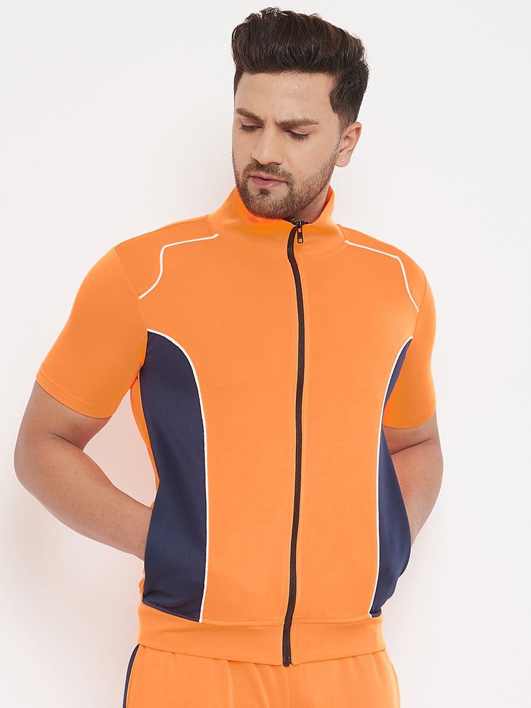 

FUGAZEE Men Orange Colourblocked High Neck Scuba T-shirt