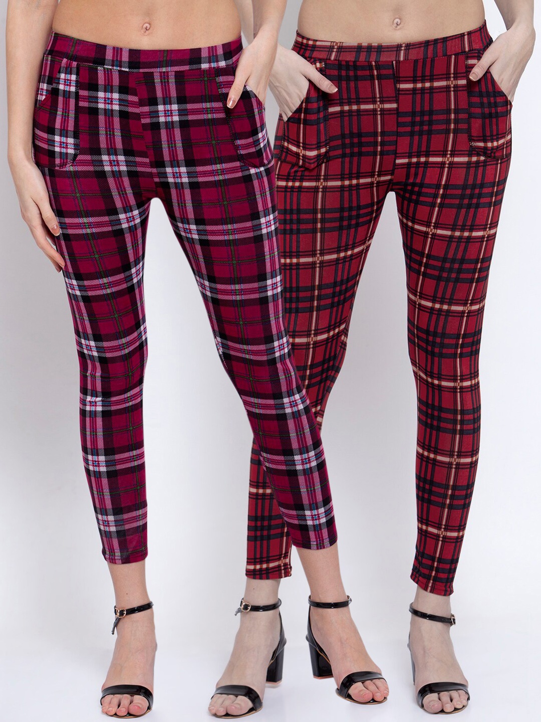 

KLOTTHE Women Pack Of 2 Checked Skinny-Fit Treggings, Red