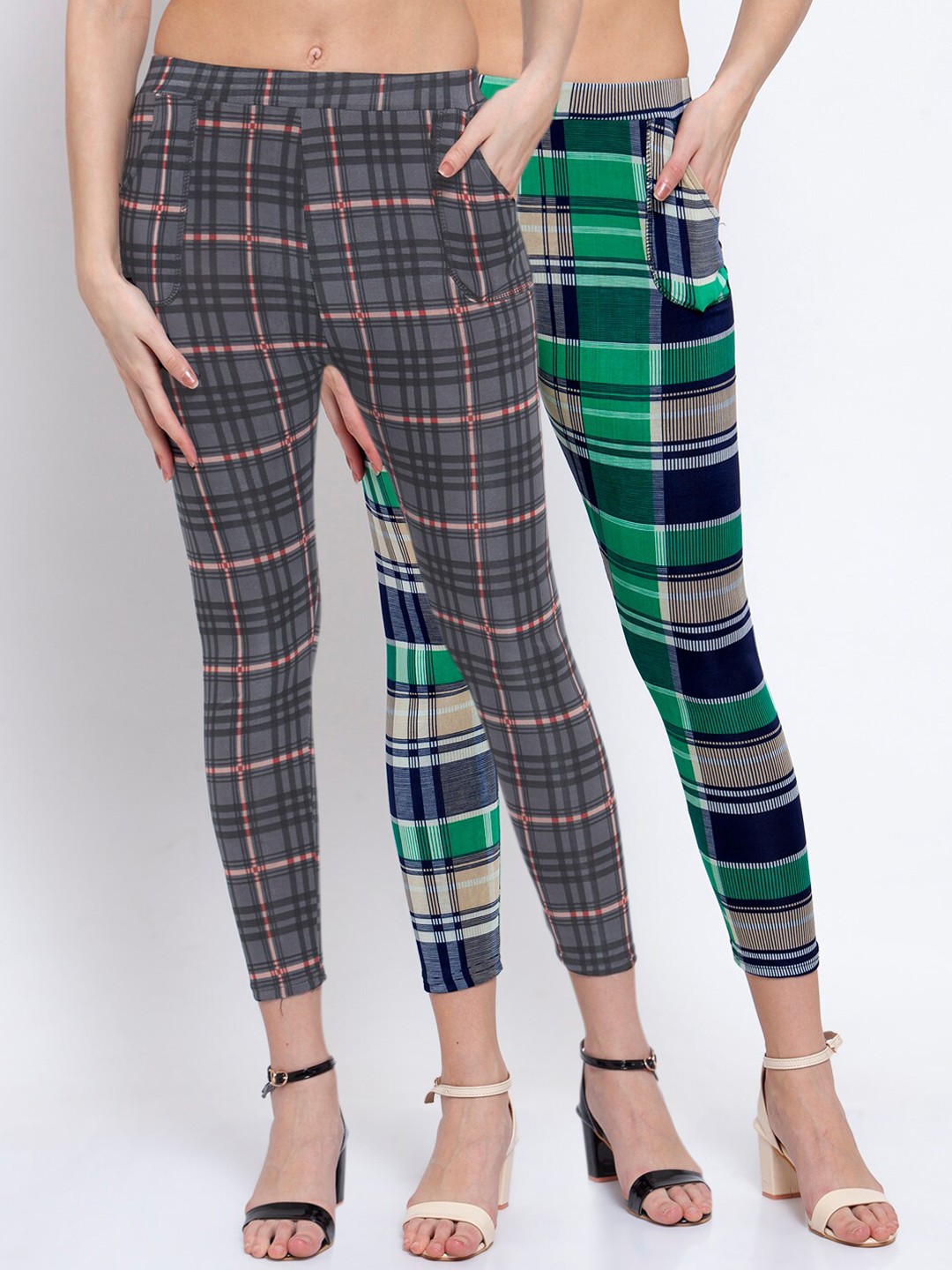 

KLOTTHE Women Pack Of 2 Checked Skinny-Fit Treggings, Green
