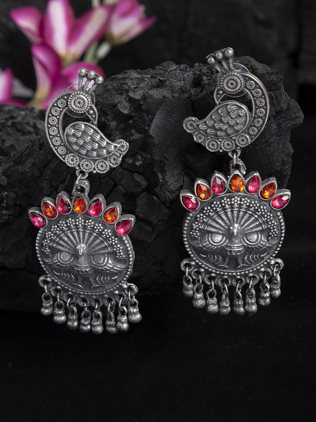 

Moedbuille Stone Studded Peacock Design Oxidised Silver Plated Handcrafted Tribal Chandbalis, Metallic