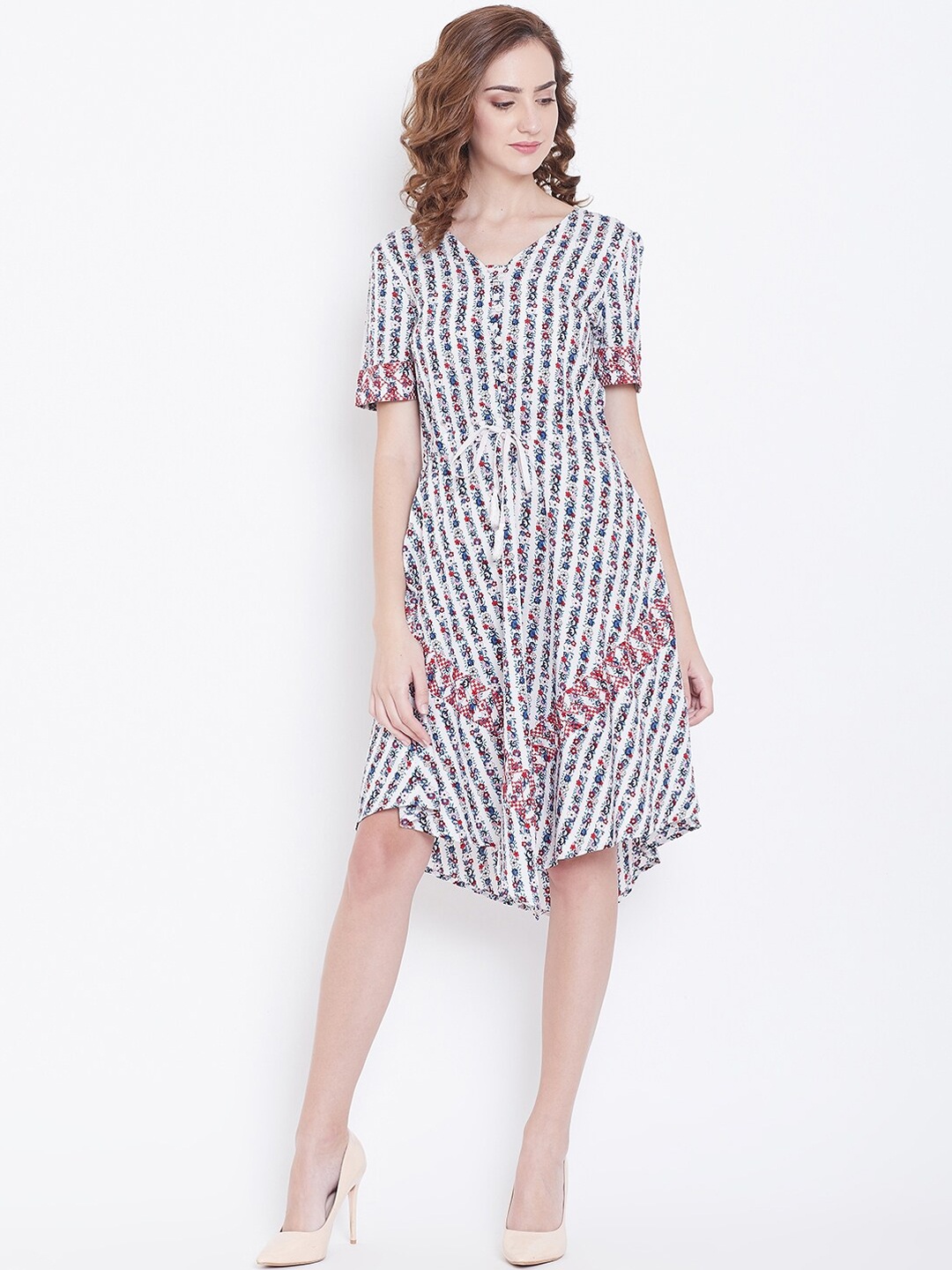 

DODO & MOA Women White & Blue Printed A-Line Dress