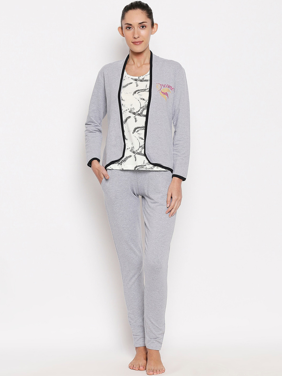 

XIN Women Grey & Black Printed Night suit