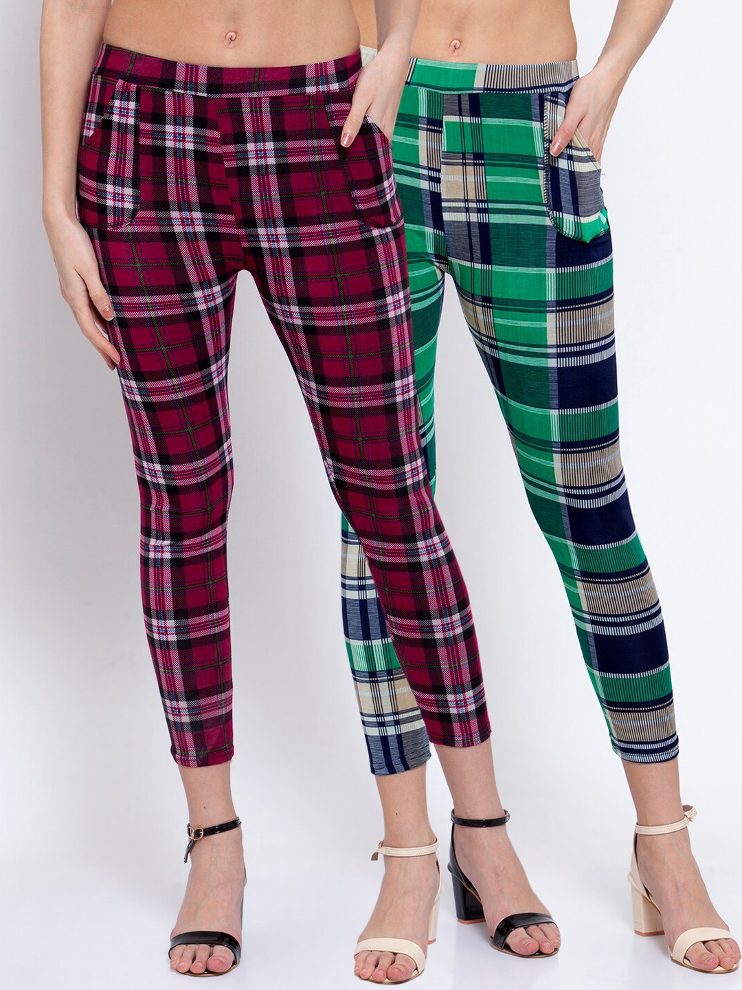 KLOTTHE Women Pack Of 2 Checked Skinny-Fit Treggings, Green