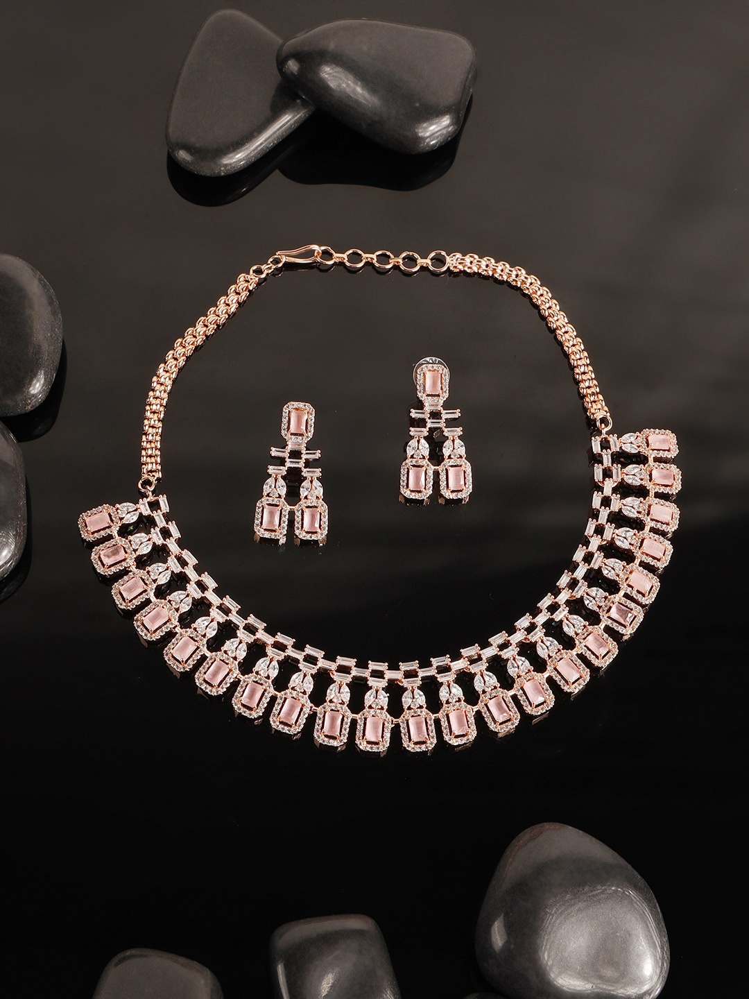 

ANIKAS CREATION Rose Gold-Plated Pink & White AD-Studded Jewellery Set