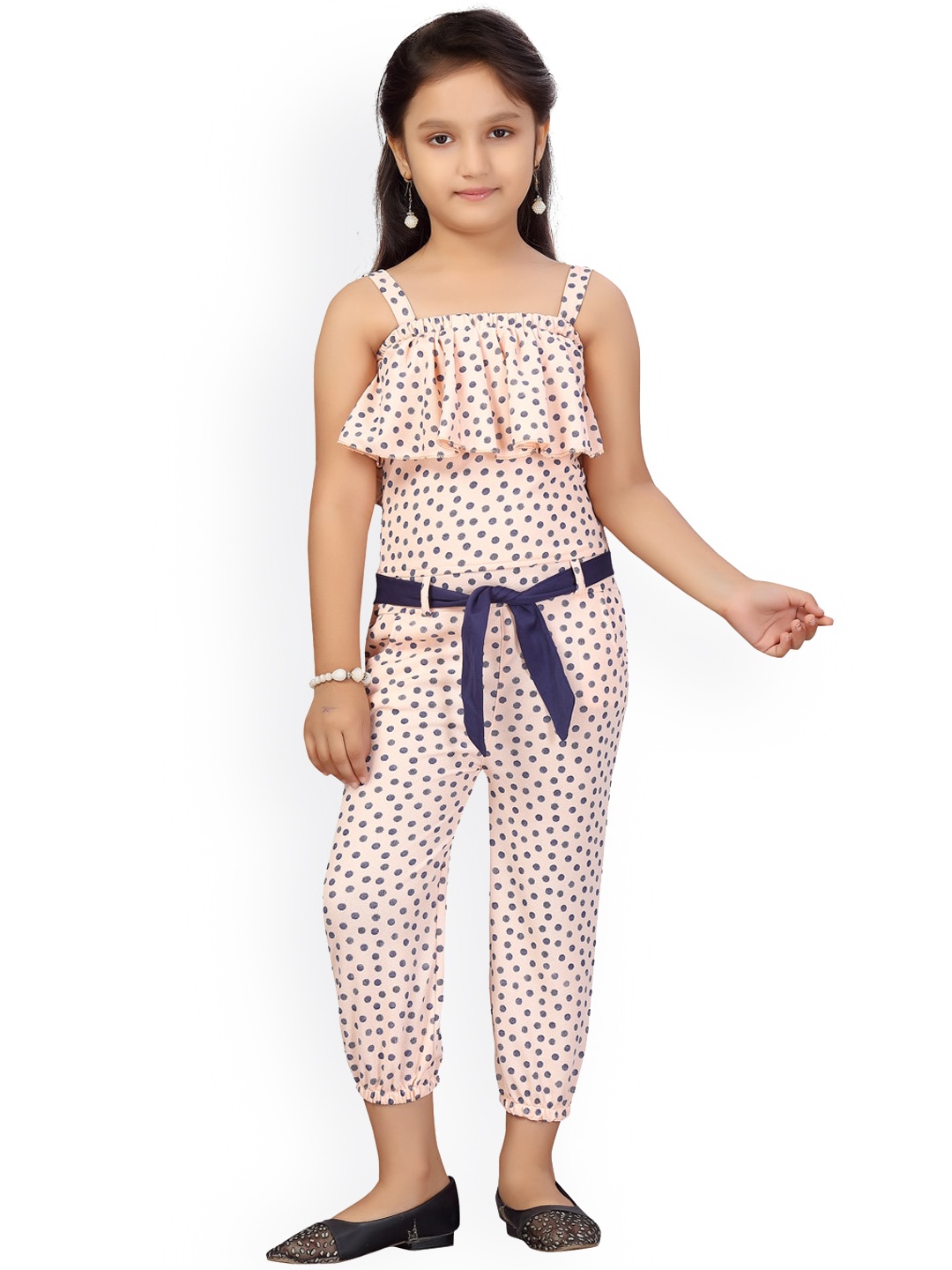 

Aarika Girls Peach-Coloured & Navy Blue Printed Basic Jumpsuit