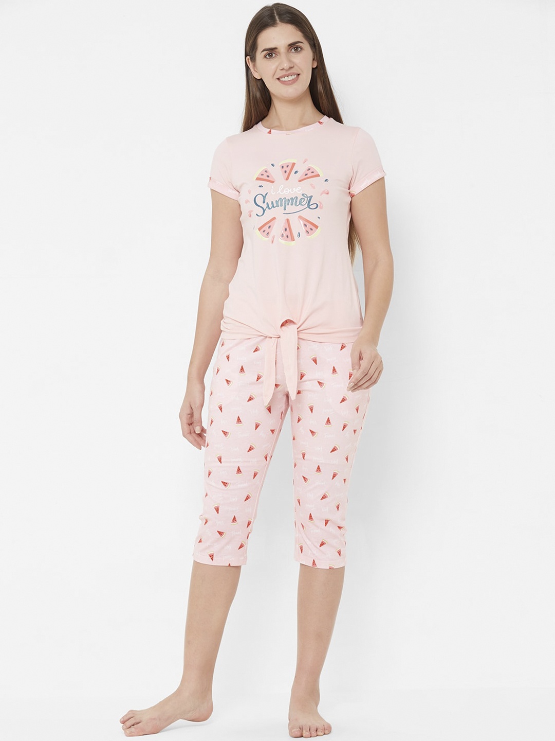 

Sweet Dreams Women Peach-Coloured & Blue Printed Night suit
