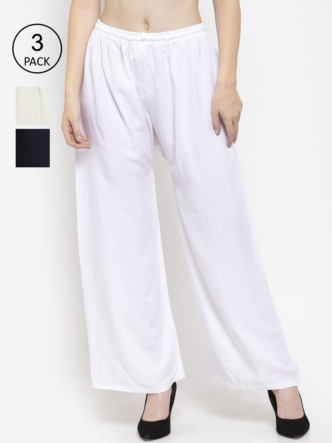 Clora Creation Women Pack Of 3 Multicoloured Solid Wide Leg Palazzos, White