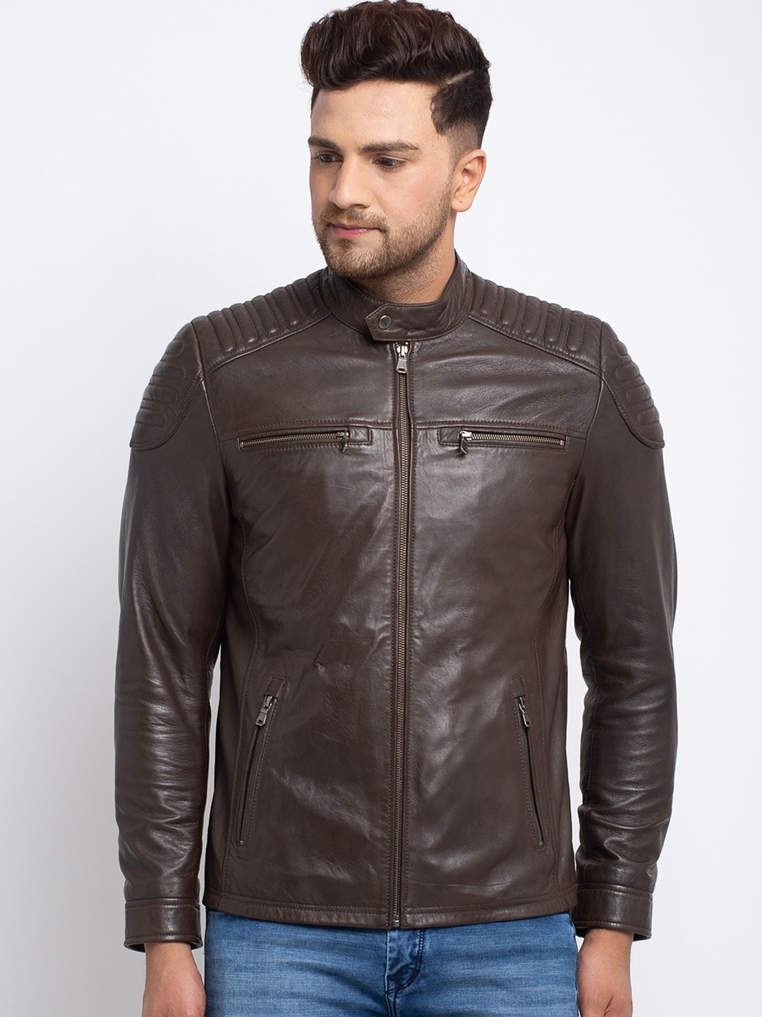 Teakwood Leathers Men Brown Solid Lightweight Biker Jacket