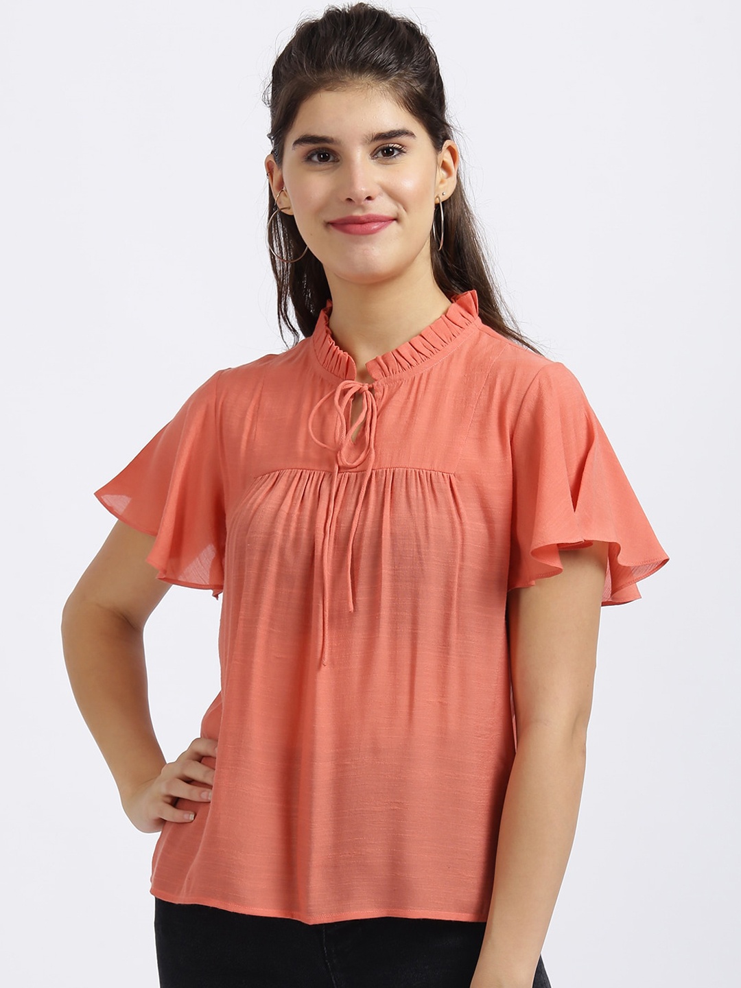 

Zink London Rust Tie-up Neck Flutter Sleeves Regular Top