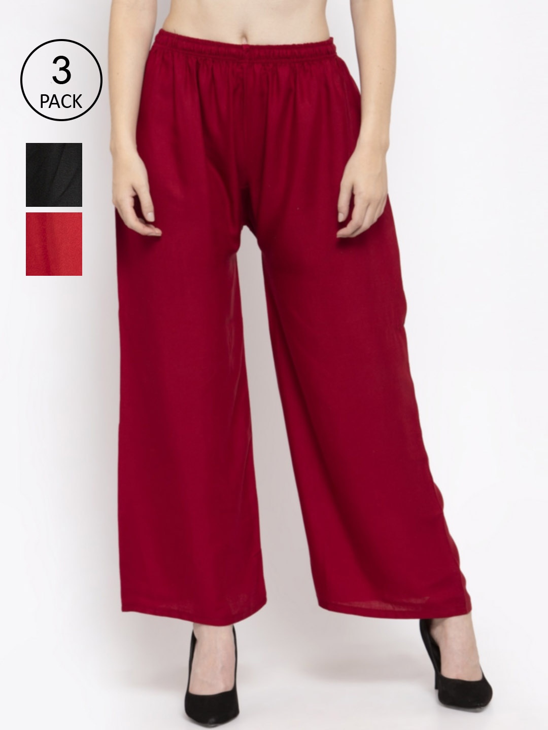 

Clora Creation Women Pack Of 3 Multicoloured Solid Wide Leg Palazzos, Maroon