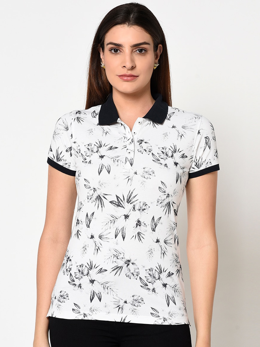 

METTLE Women White Printed Polo Collar T-shirt
