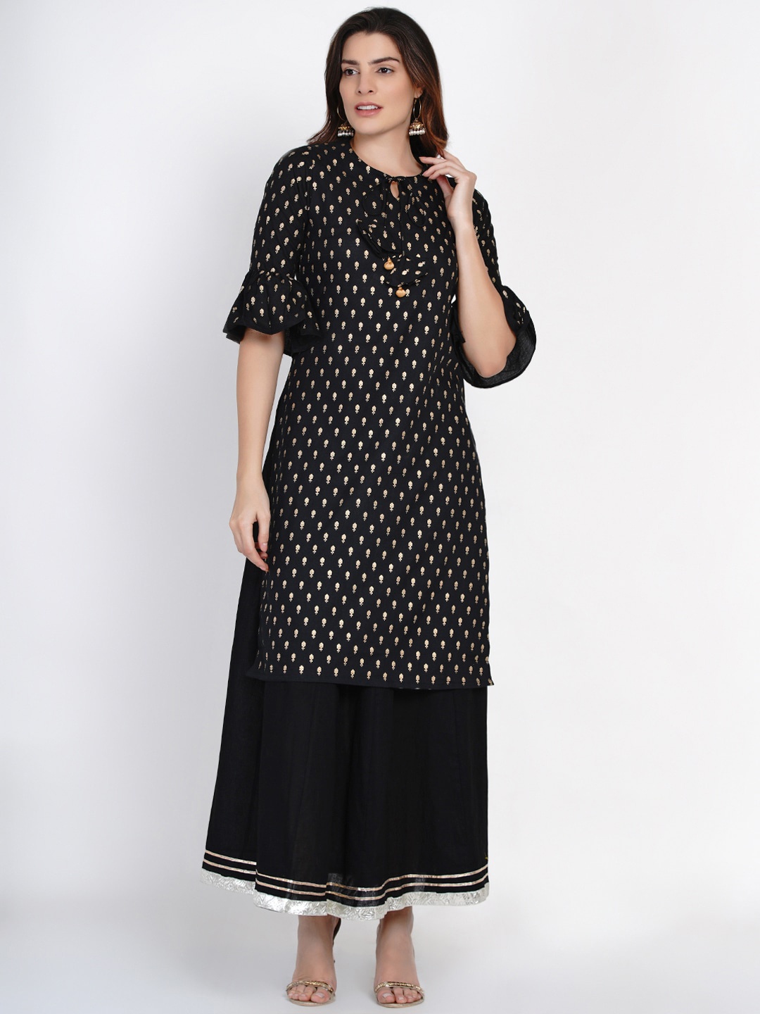 

Bhama Couture Women Black & Gold-Toned Printed Kurta with Skirt