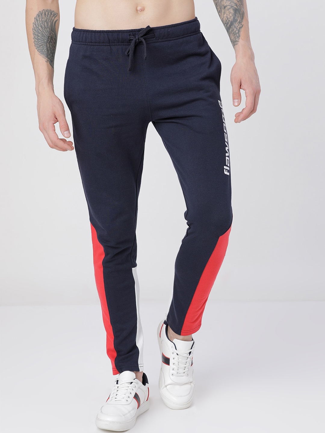 

LOCOMOTIVE Men Navy Blue & Coral Red Colorblocked Slim-Fit Track Pants
