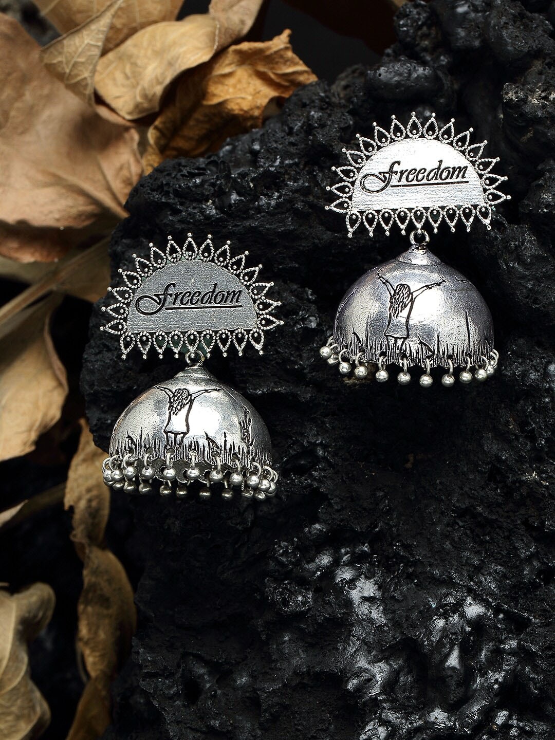 

Moedbuille Tribal Design Oxidised Silver Plated Handcrafted Chandelier Jhumkas