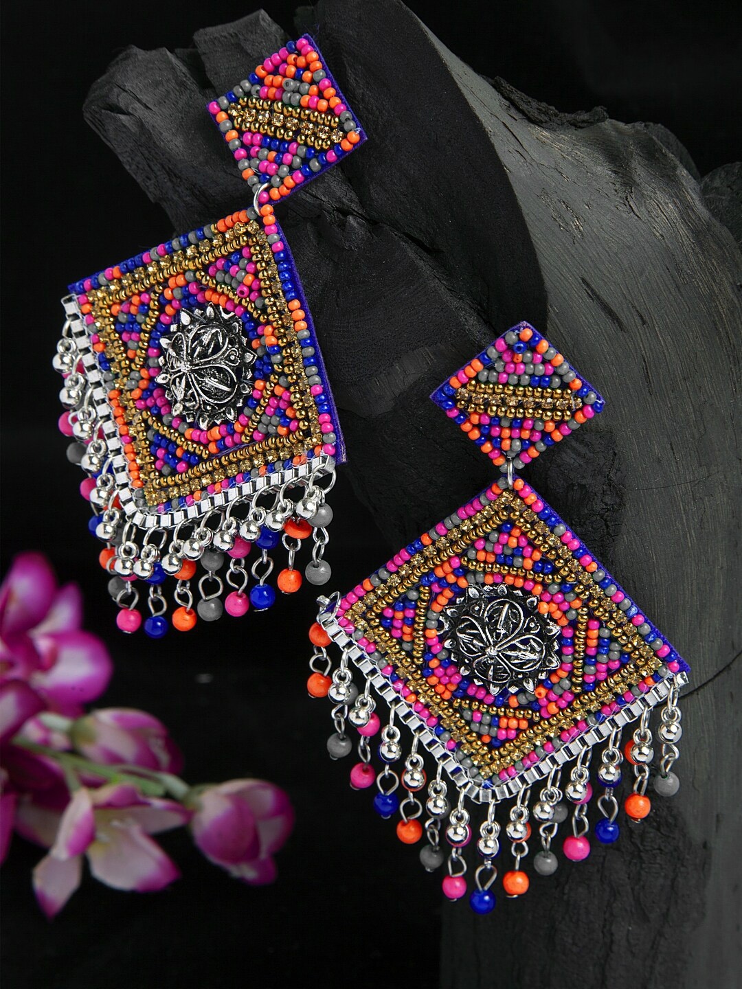 

Moedbuille Multi Color Beads Studded Oxidised Silver Plated Handcrafted Contemporary Chandbalis