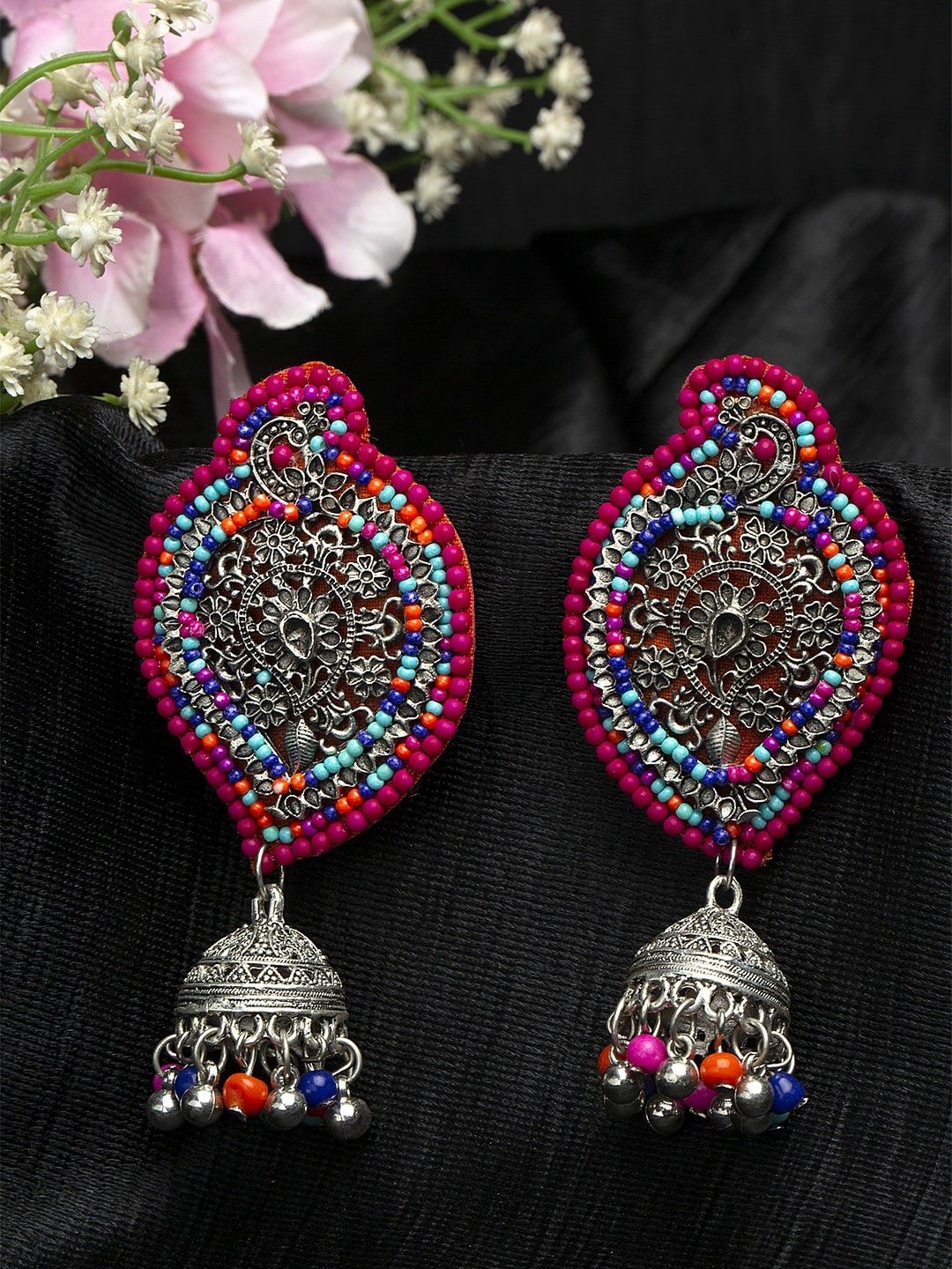

Moedbuille Multi Color Beads Studded Oxidised Silver Plated Handcrafted Afghan Design Jhumkas