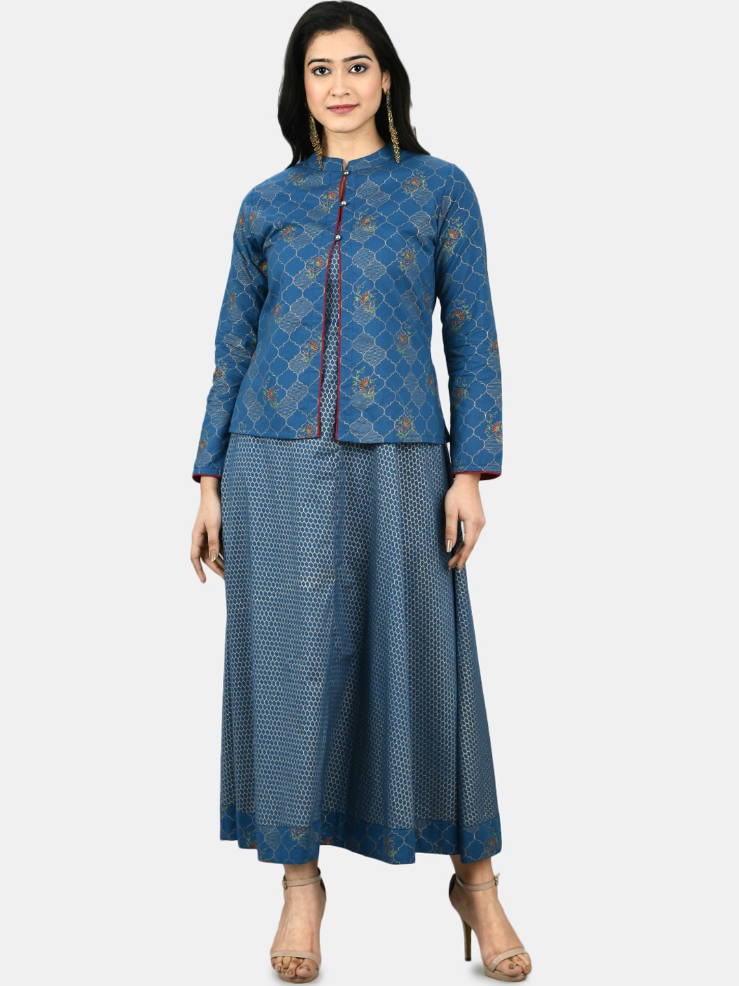 

Myshka Women Blue Printed A-Line Ethnic Dress with Jacket