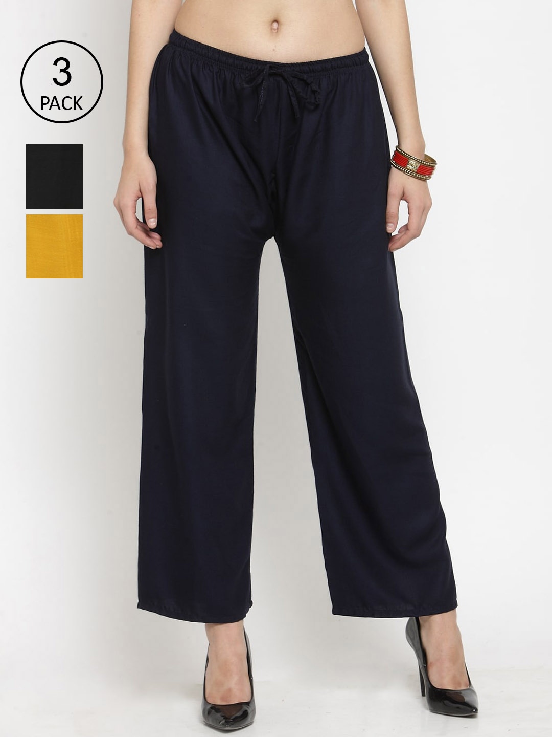 

Clora Creation Women Pack of 3 Navy Blue & Black Solid Wide Leg Palazzos
