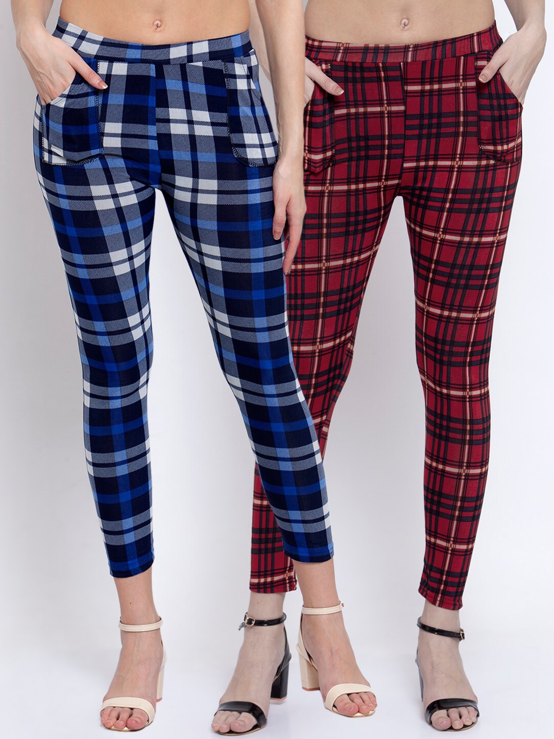 

KLOTTHE Women Pack Of 2 Multicoloured Checked Skinny-Fit Treggings, Blue
