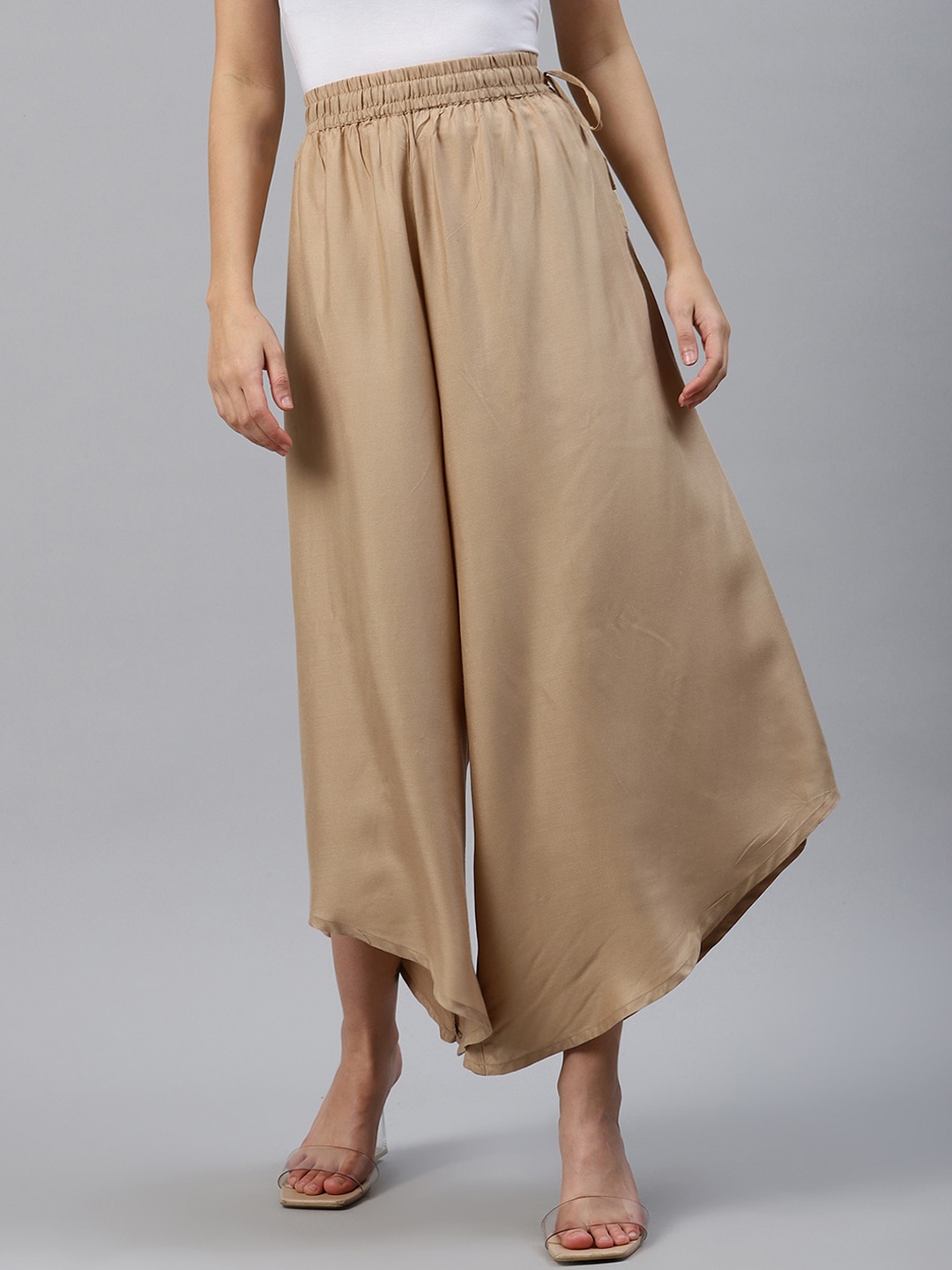 Varanga Women Beige Solid Flared Palazzos