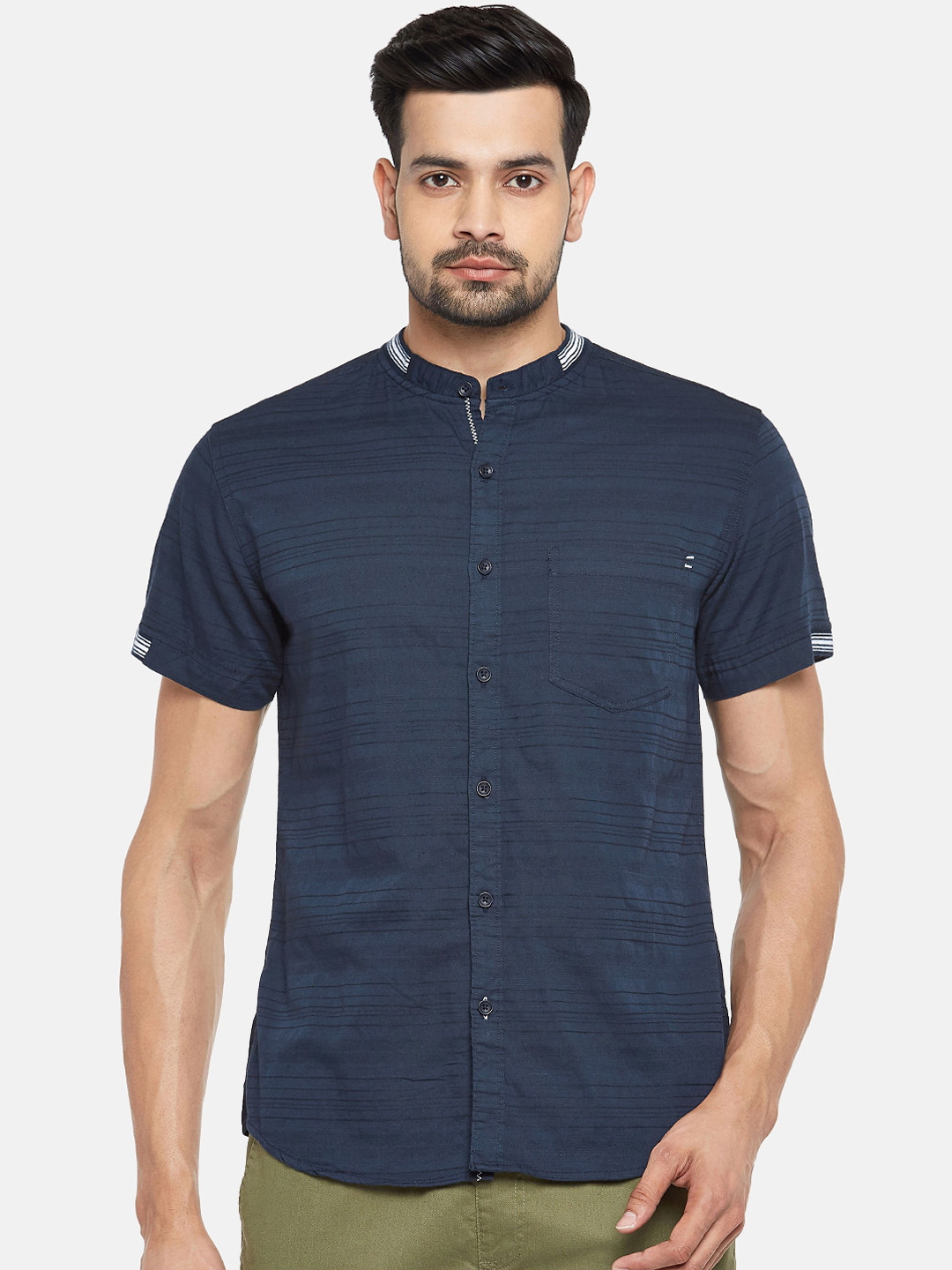 

Urban Ranger by pantaloons Men Navy Blue Slim Fit Striped Cotton Casual Shirt