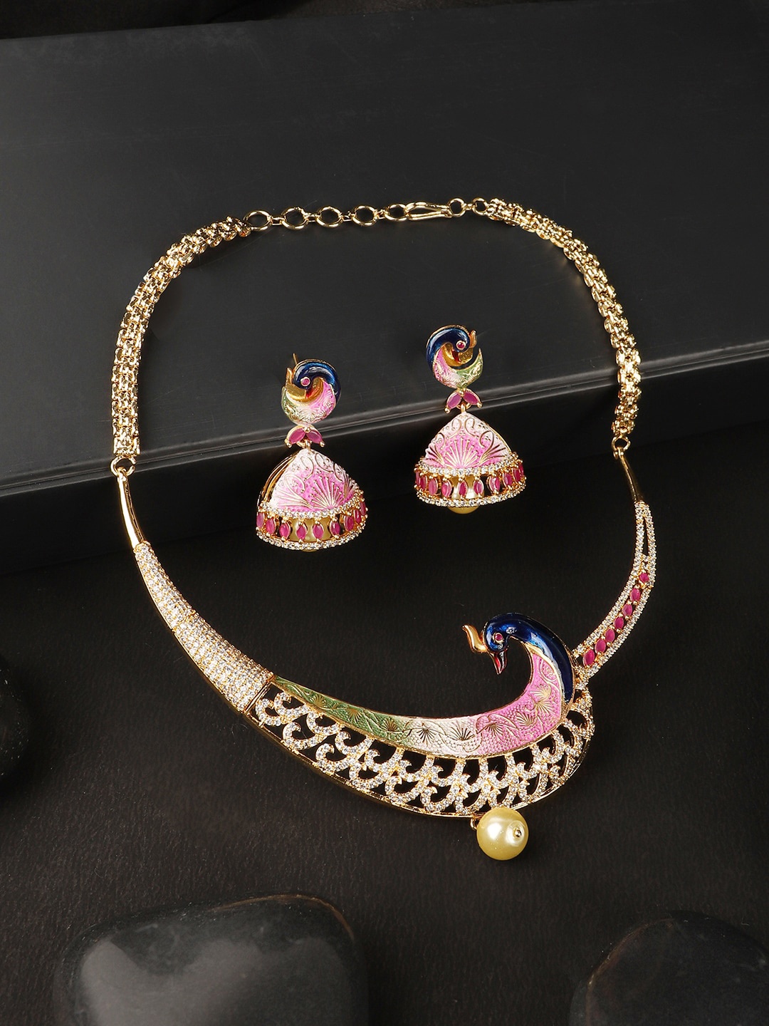 

ANIKAS CREATION Gold-Plated Pink & Blue AD-Studded Meenakari Jewellery Set
