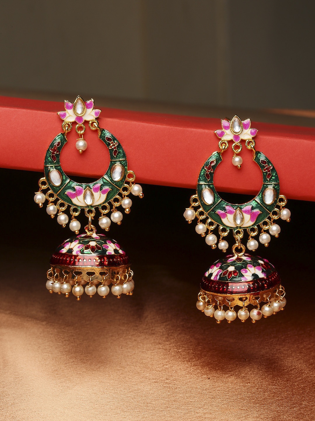 

OOMPH Green & Red Meenakari Enamel Contemporary Jhumkas